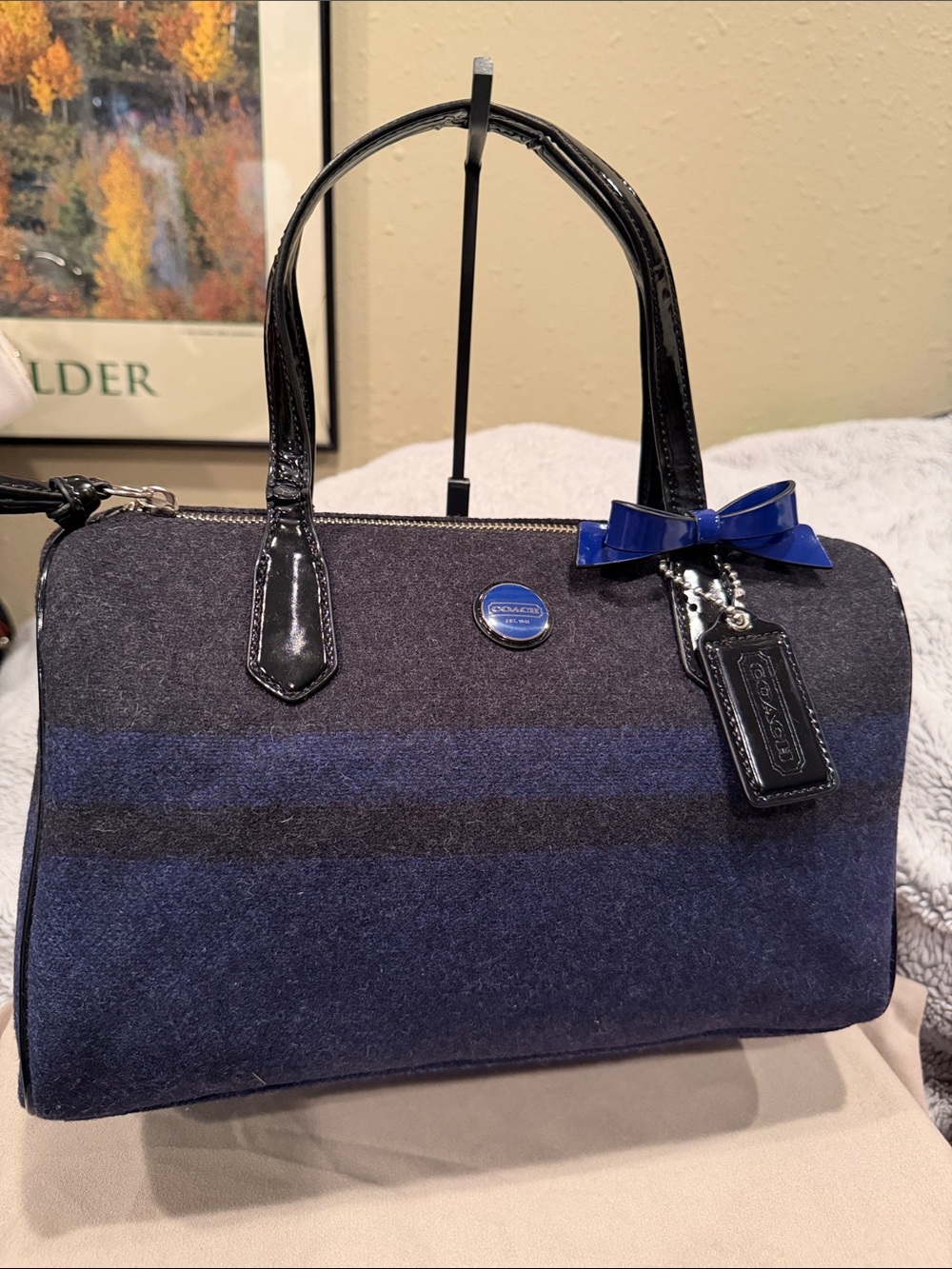 Coach Navy & Black Wool Bowling Satchel with Patent Trim
